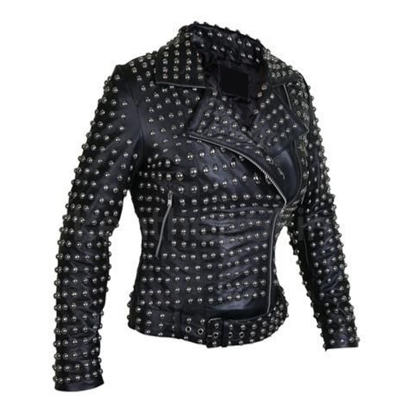 Women Fashion Black Brando Belted Round Jacket Cap Studded Genuine Leather Jacket 